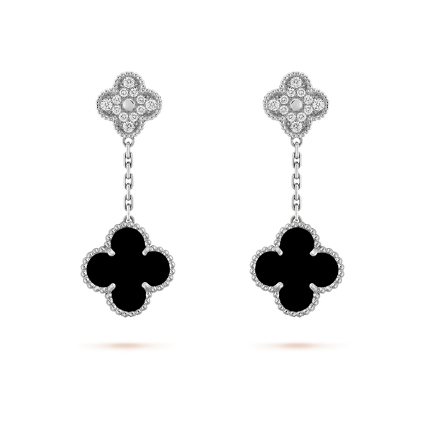 <CHIBA>CLOVER 2 MOTIFS  DIAMOND ONYX EARRINGS SILVER
