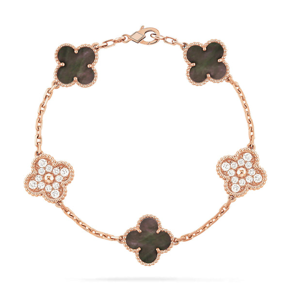 <CHIBA>CLOVER 5 MOTIFS DARK MOP AND DIAMONDS BRACELET