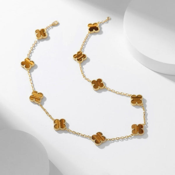 <CHIBA>CLOVER 10 MOTIFS TIGER EYE NECKLACE