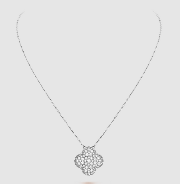 <CHIBA>CLOVER 25MM LARGE PENDANT DIAMOND PAVED SILVER NECKLACE
