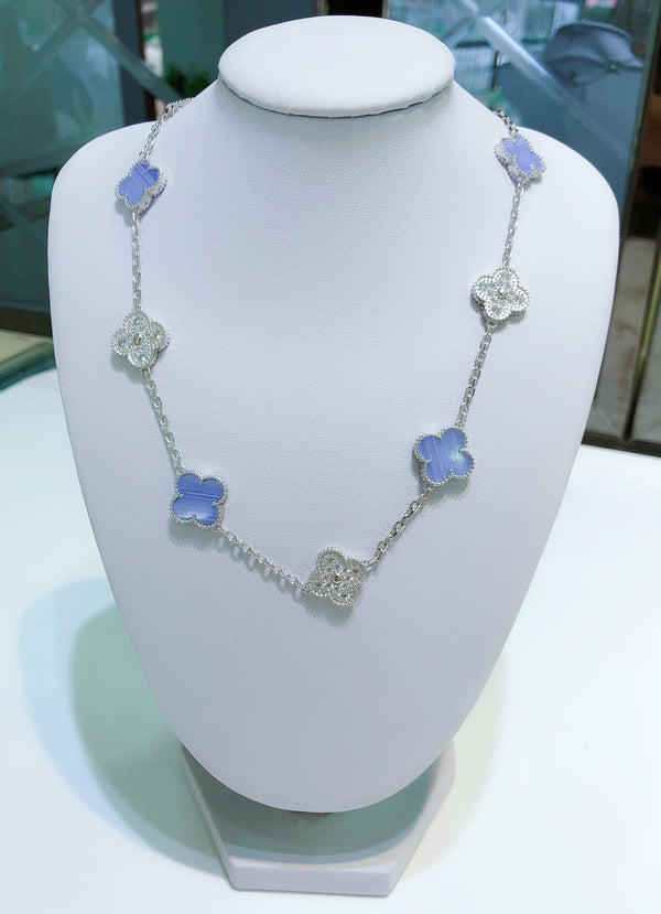 <CHIBA>CLOVER 10 MOTIFS CHALCEDONY DIAMONDS SILVER NECKLACE